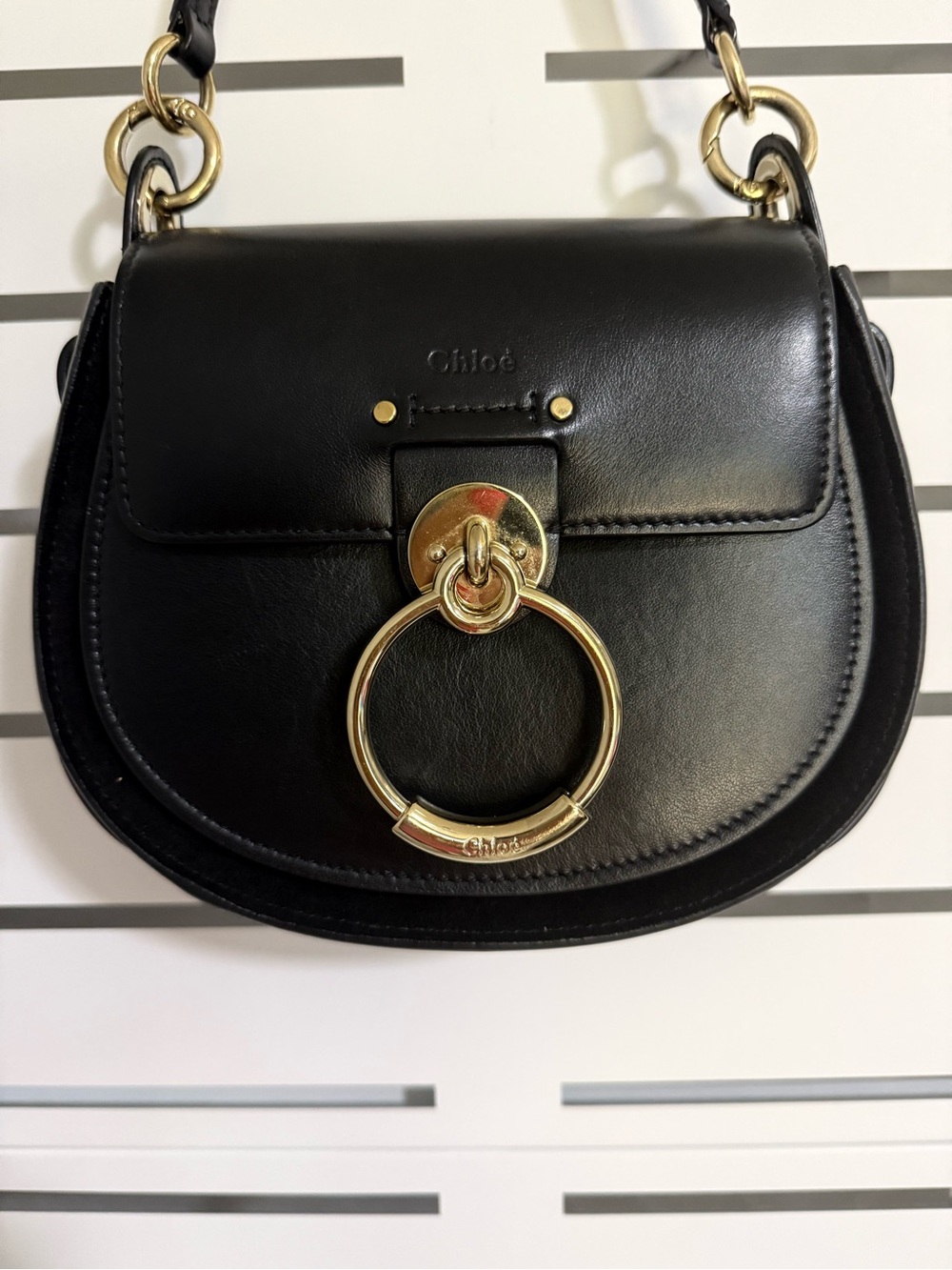 Chloe Tess Black Leather Small Crossbody w/ Signature Gold Ring, Excellent Cond